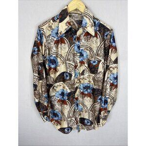 Vintage Charisma Townline Shirt Mens‎ M 15.5 Brown Blue Floral Disco 70s